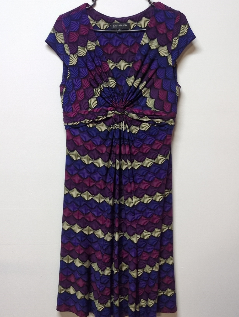 Jones New York Muted Purple Fan Print Knit Jersey Dress, Size 10